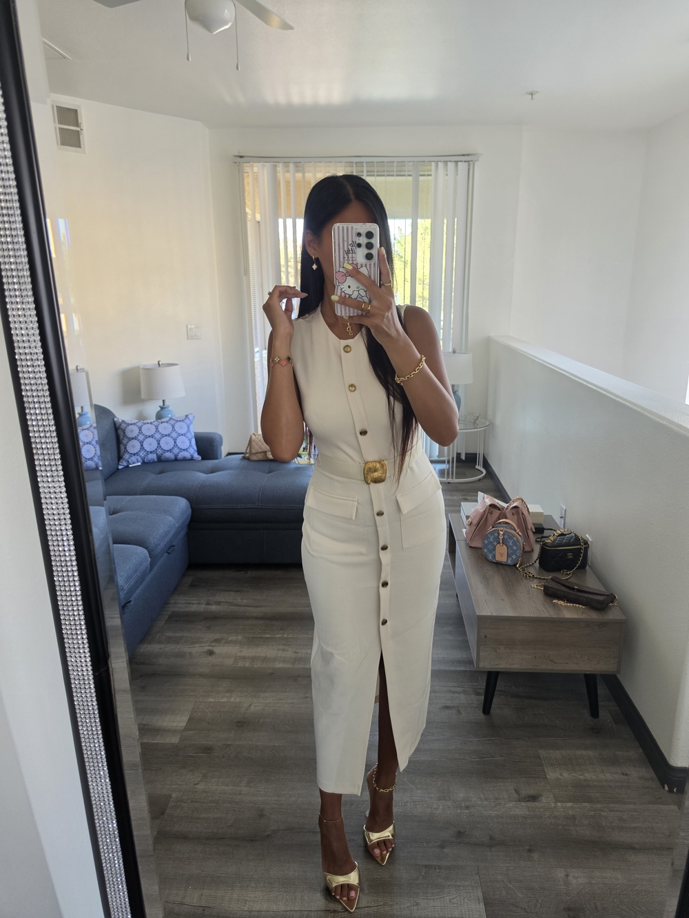 Zara Cream Button-Front Midi Dress with Gold Accents - Picture 13 of 17